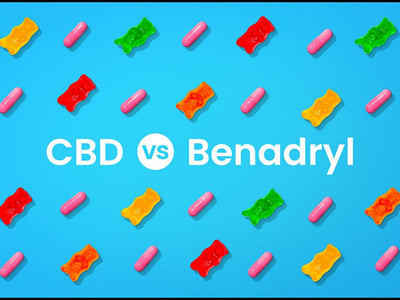 An image showing gummy bears next to capsules for CBD vs. Benadryl for sleep