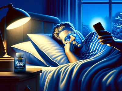 A man lays anxiously in his bed while looking at his phone thinking