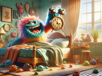 A monster hits the snooze button on his alarm clock showing a thing to do on a lazy Sunday