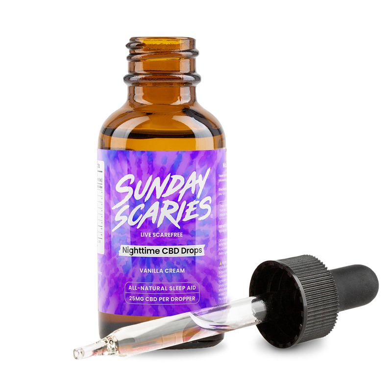 Sunday Scaries CBD Sleep Oil next to a pipette