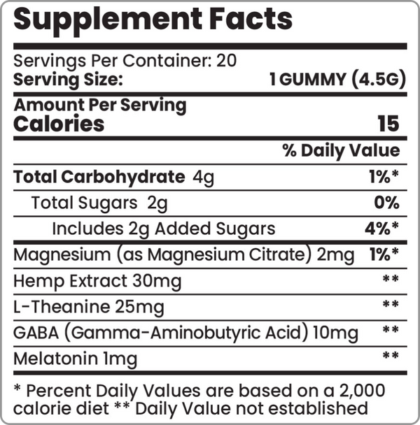 THC Gummies for Sleep Nutrition Label