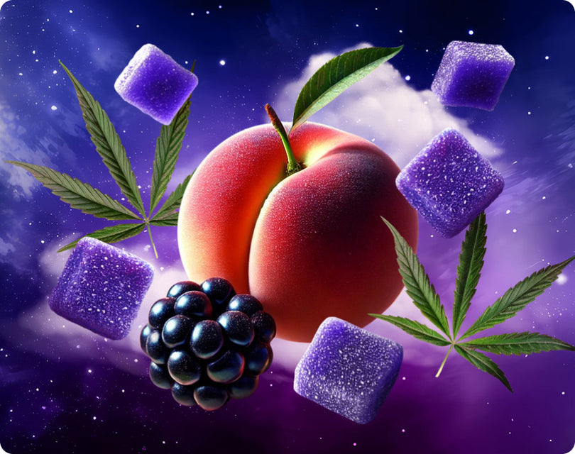 A peach, a blackberry, purple gummies and cannabis leaves on a starry night background