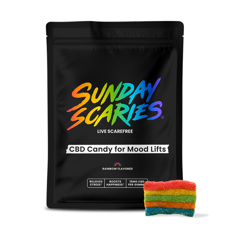 A black resealable pouch with the brand name 'Sunday Scaries' and the product name 'CBD Candy for Mood Lifts'. The pouch is adorned with a colorful, playful font and an image of a colorful gummy candy in a separate, transparent container.