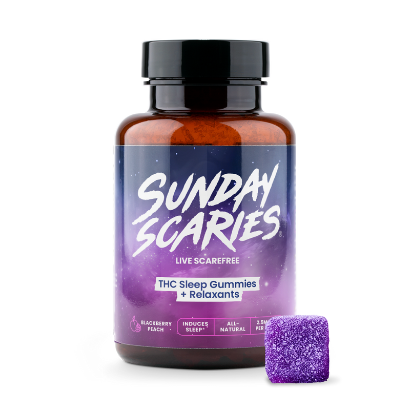 The Sunday Scaries THC Gummies for Sleep bottle with a purple gummy next to it