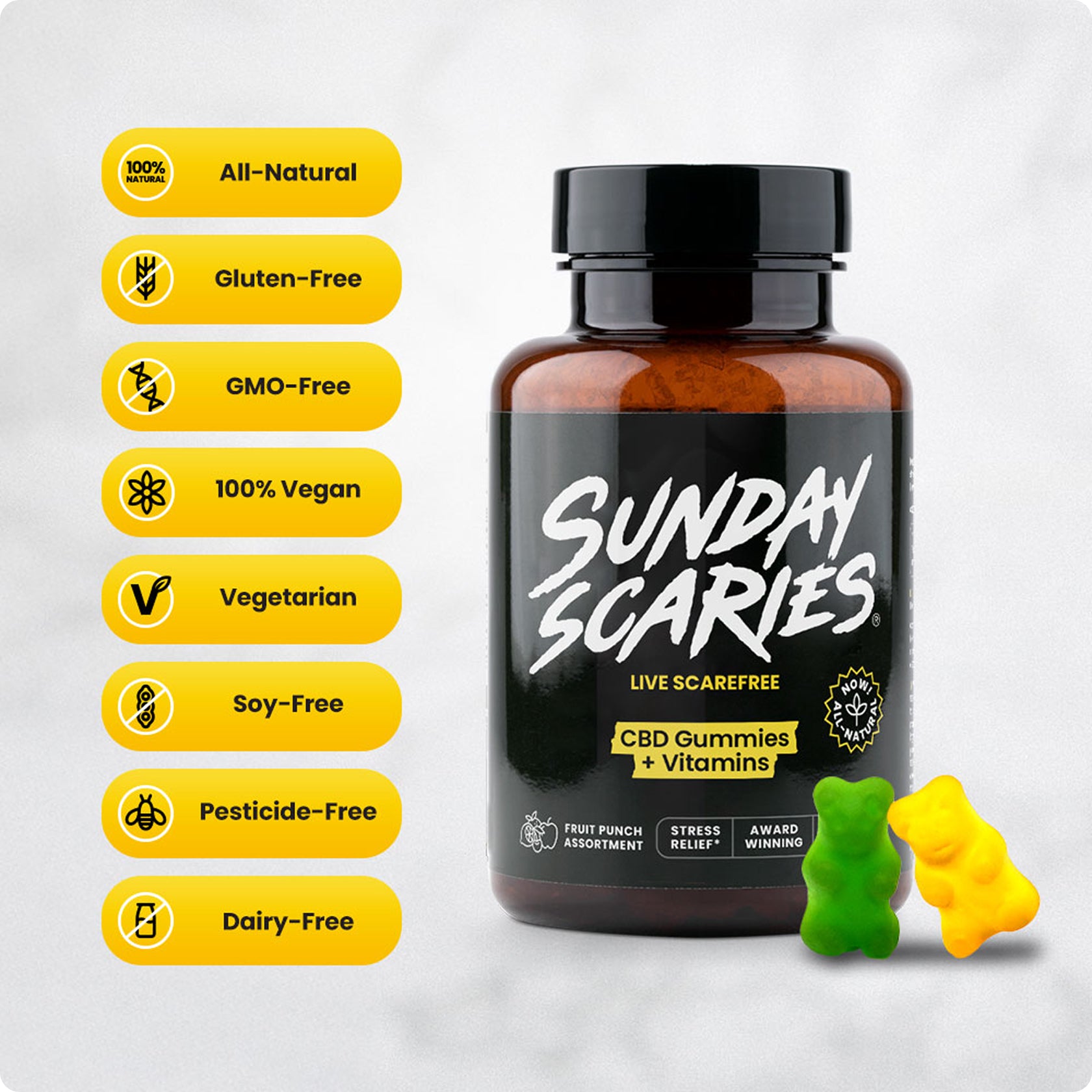 Bottle of 'Sunday Scaries' CBD Gummies + Vitamins with two gummy bears on a light gray background showing the product commitments