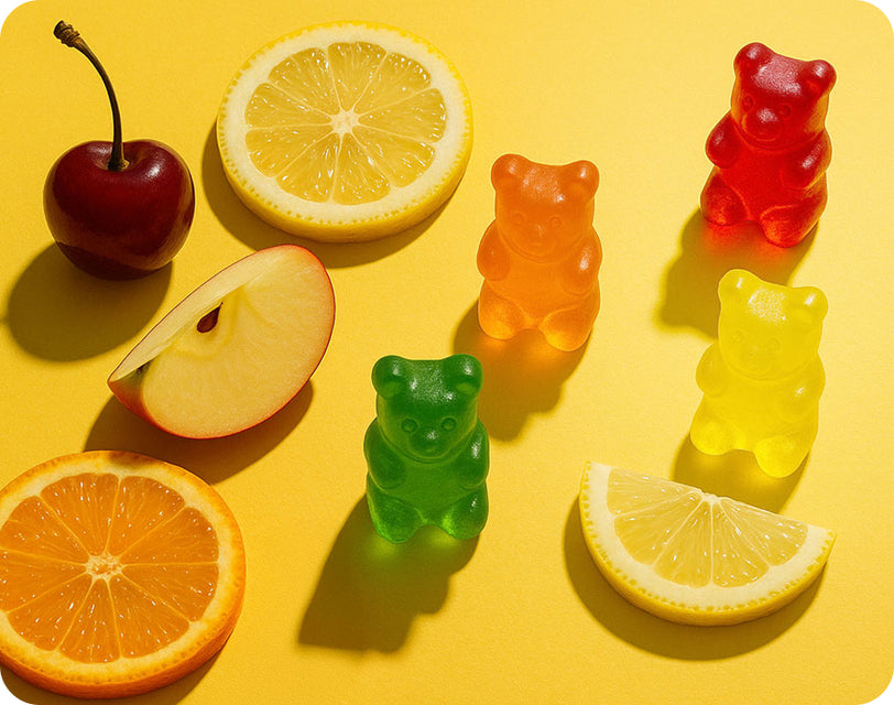 Gummy bears next to a cherry, lemon, apple and orange showing our fruit punch assortment