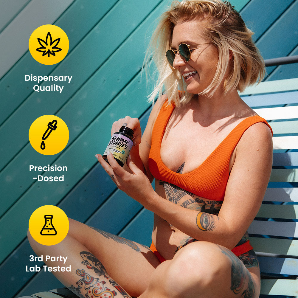 A woman in a bikini reaches into a Sunday Scaries Delta-9 Gummy bottle with icons for unique selling propositions