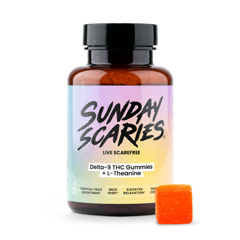 Bottle of Sunday Scaries Delta-9 THC Gummies with an orange gummy on a white background