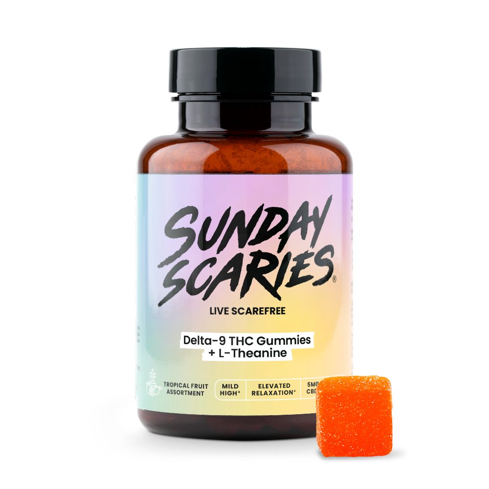 Bottle of Sunday Scaries Delta-9 THC Gummies with an orange gummy on a white background