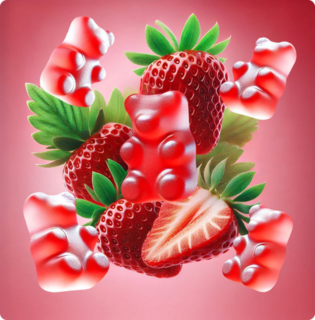 Pink CBD focus gummies floating next to strawberries
