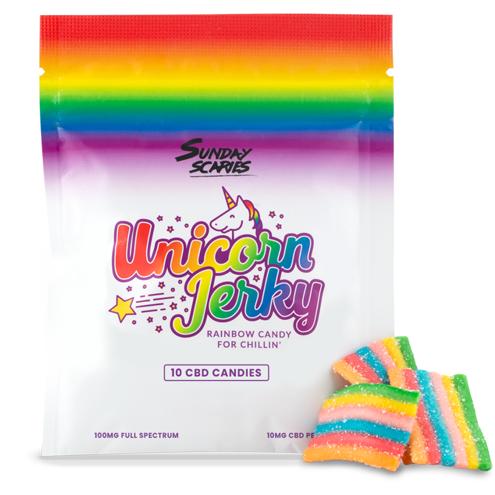A 10-count pouch of Sunday Scaries Unicorn Jerky CBD candy with rainbow flavor and 10mg CBD per piece