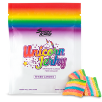 A 10-count pouch of Sunday Scaries Unicorn Jerky CBD candy with rainbow flavor and 10mg CBD per piece