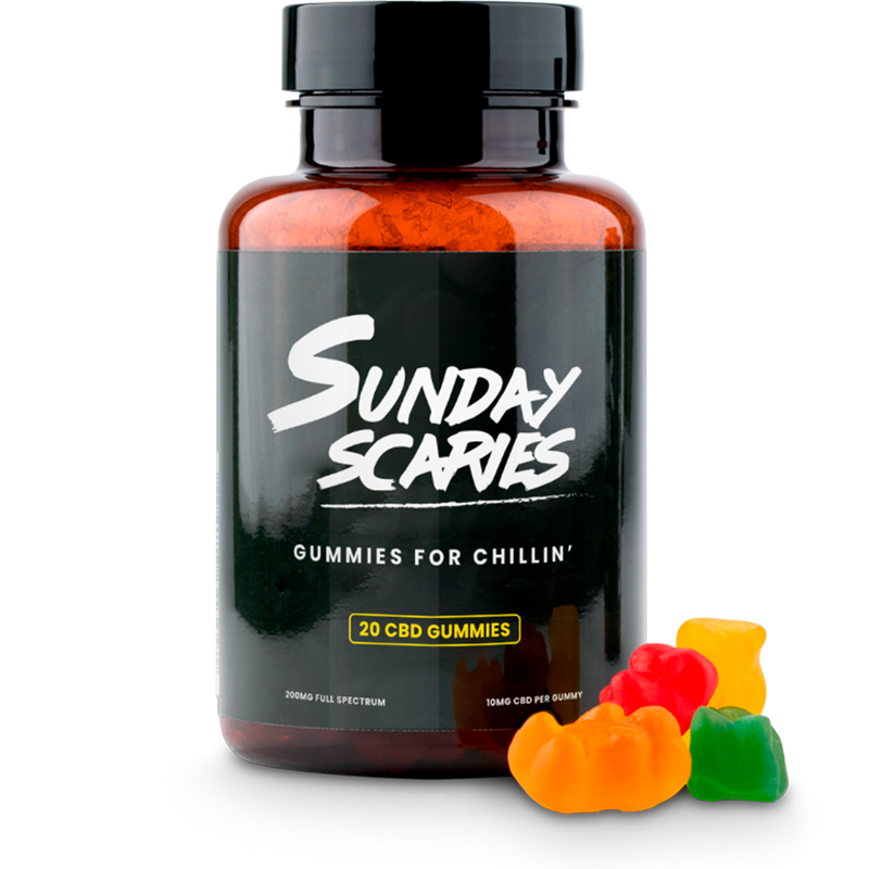 A 20-count bottle of Sunday Scaries CBD Gummies with tropical flavors and 10mg CBD per gummy