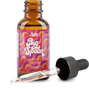 A 1 fluid ounce bottle of Sunday Scaries Big Spoon CBD Oil with vanilla cream flavor and 30mg CBD per dropper