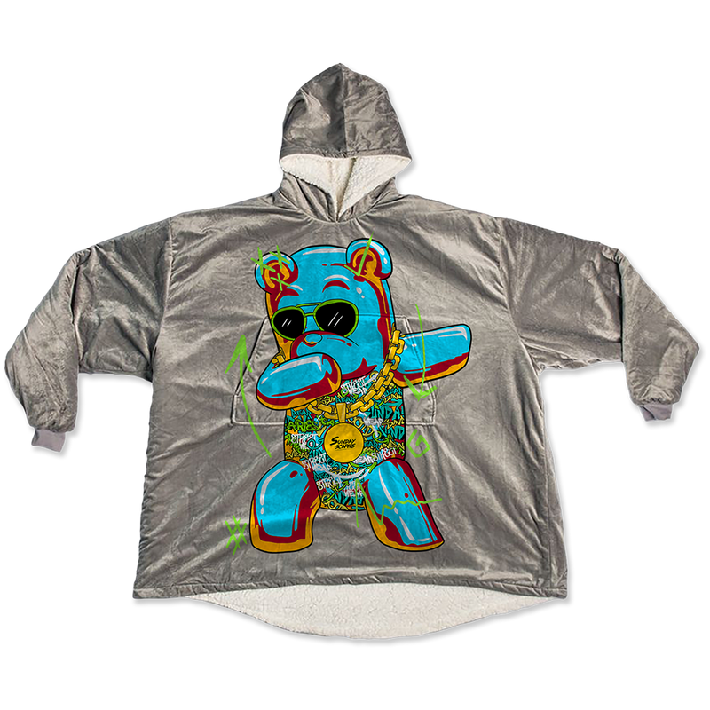 The Sunday Scaries Dabbing Bear Blanket Jacket is gray and has a gummy bear with glasses on it