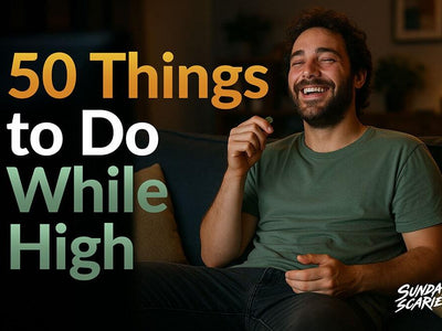 A man holds a THC gummy, laughs and watches TV showing a fun thing to do while high