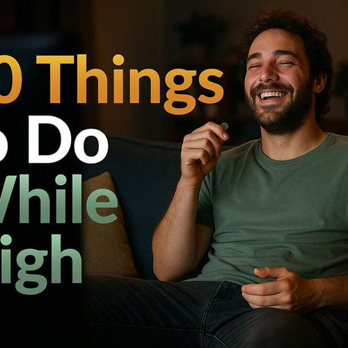 A man holds a THC gummy, laughs and watches TV showing a fun thing to do while high