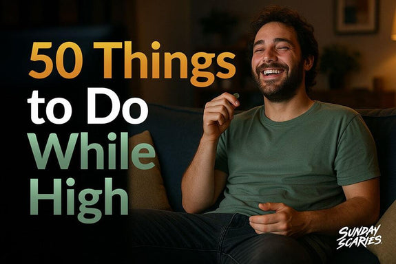 A man holds a THC gummy, laughs and watches TV showing a fun thing to do while high