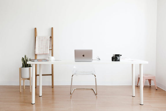 An organized home office desk setup with a jade plant to promote a calm environment
