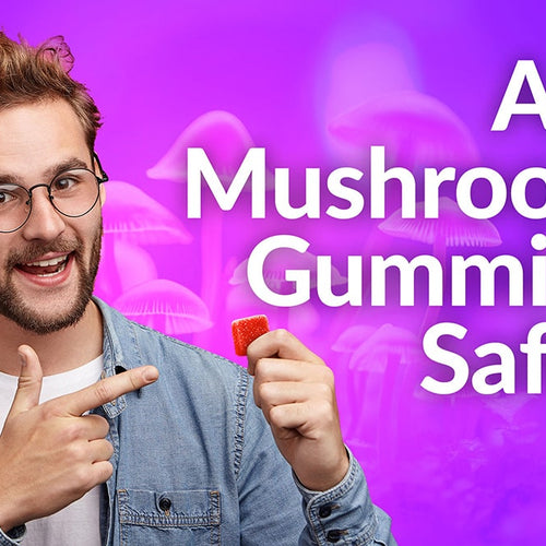 A man is holding up a sunday scaries gummy showing how mushroom gummies are safe