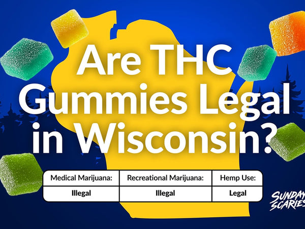 A chart showing the legality of THC gummies in Wisconsin, for both hemp-derived and marijuana-derived THC Gummies