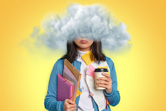 A woman with a cloud over her head showing how CBD may help with brain fog