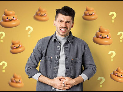 I man holds his stomach next to poop emojis showing whether THC gummies can cause diarrhea