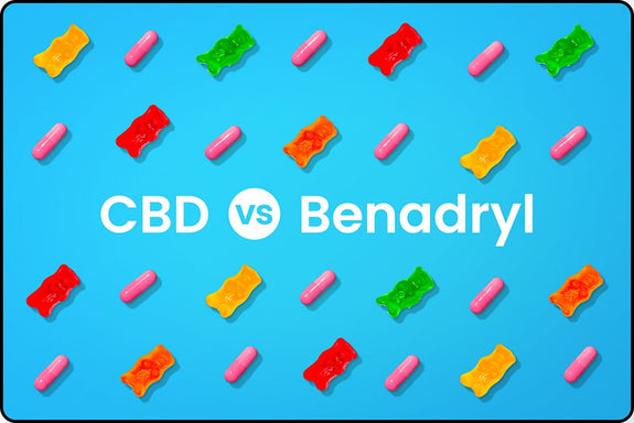 An image showing gummy bears next to capsules for CBD vs. Benadryl for sleep