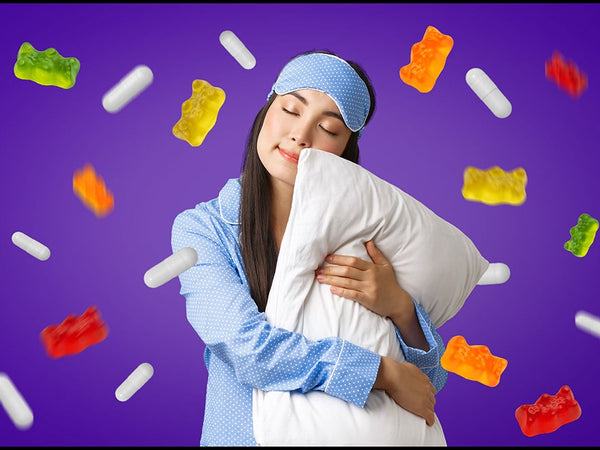 An image of a woman holding a pillow with CBD gummies and melatonin pills in the image showing which is better