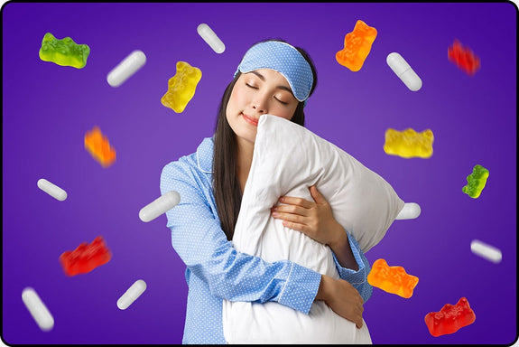 An image of a woman holding a pillow with CBD gummies and melatonin pills in the image showing which is better