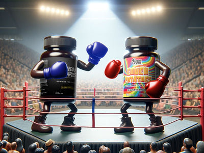 An image of CBD gummies vs THC Gummies in a boxing ring fighting each other