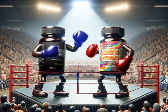 An image of CBD gummies vs THC Gummies in a boxing ring fighting each other