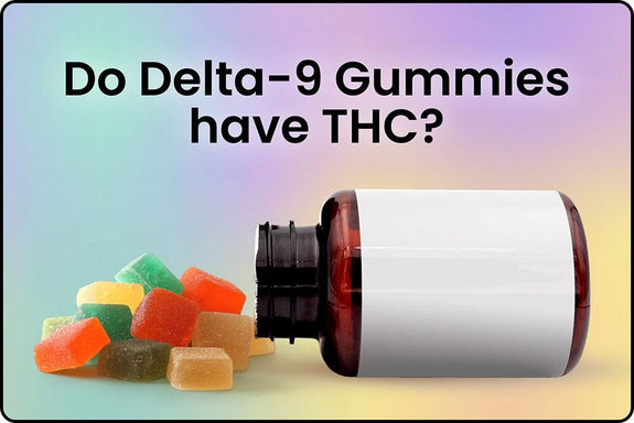 A bottle with a blank label questioning whether or not delta-9 gummies have THC