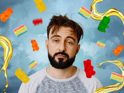Sunday Scaries CBD Gummies, CBD Candy and CBD Oil flying around a man who is noticeably hungover