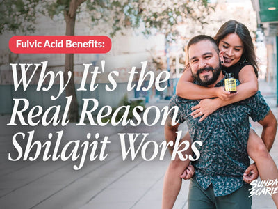 A woman holding a Sunday Scaries Shilajit gummies bottle jumps on the back of her boyfriend. 