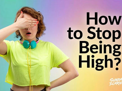 A woman covers her eyes with a euphoric background showing how to stop being high