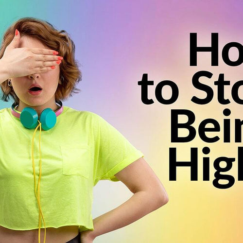 A woman covers her eyes with a euphoric background showing how to stop being high