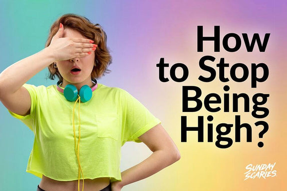 A woman covers her eyes with a euphoric background showing how to stop being high