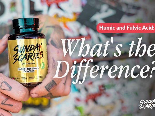 A guy with tattoos on his hands holds up a bottle of Sunday Scaries Shilajit gummies in front of a graffiti background. 
