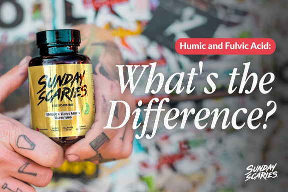 A guy with tattoos on his hands holds up a bottle of Sunday Scaries Shilajit gummies in front of a graffiti background. 