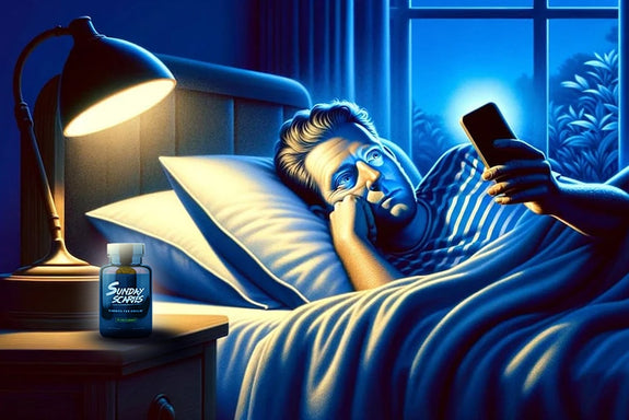 A man lays anxiously in his bed while looking at his phone thinking "I hate Sunday Nights" 