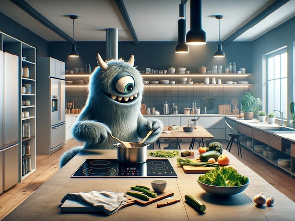 A Sunday Scaries monster looks relaxed in his kitchen while cooking showing a lazy Sunday dinner idea