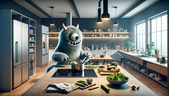 A Sunday Scaries monster looks relaxed in his kitchen while cooking showing a lazy Sunday dinner idea