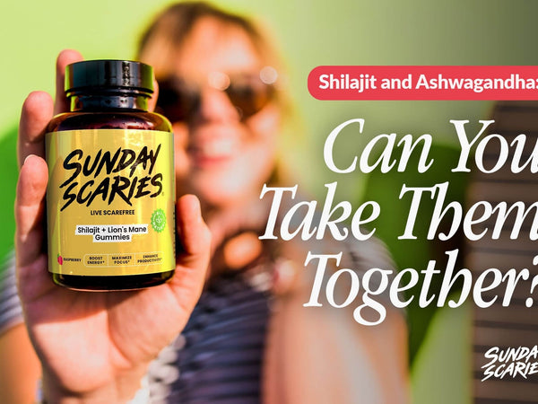 A woman with sunglasses on holds up a bottle of Sunday Scaries Shilajit gummies in front of a green background. 