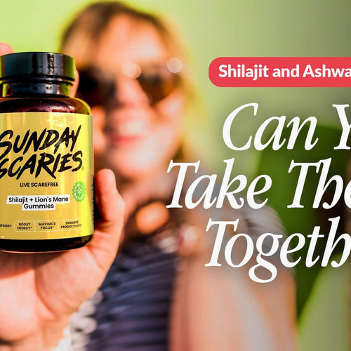 A woman with sunglasses on holds up a bottle of Sunday Scaries Shilajit gummies in front of a green background. 