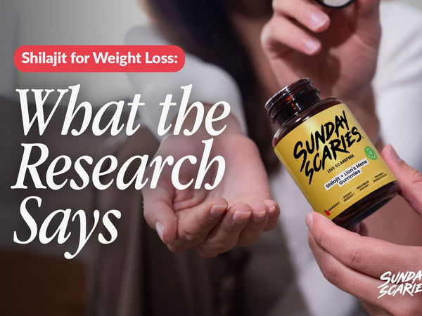 A man shares his bottle of Sunday Scaries Shilajit gummies with a woman as she holds her hand out. 