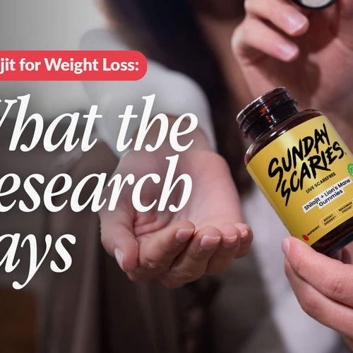 A man shares his bottle of Sunday Scaries Shilajit gummies with a woman as she holds her hand out. 