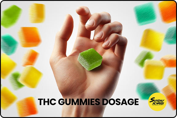 A bunch of THC gummies on a white background showing the different THC gummies dosages