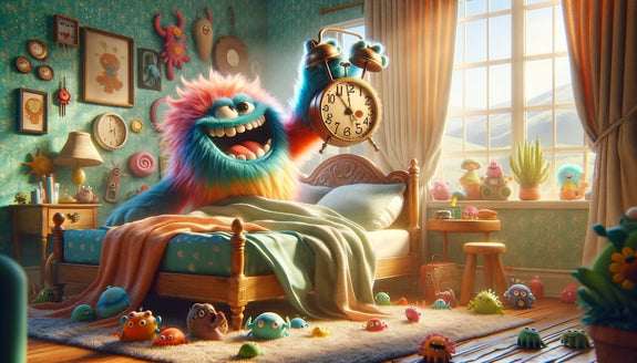 A monster hits the snooze button on his alarm clock showing a thing to do on a lazy Sunday