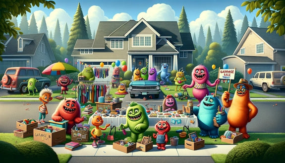 A family sets up a garage sale in their front yard showing a thing to do on a Sunday with family